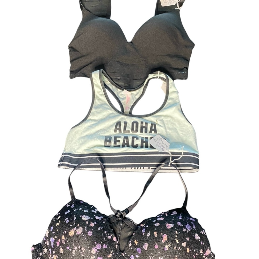 Lot of 3 VS PINK Black and Floral Bras with Aloha Beach Tank Medium and Large